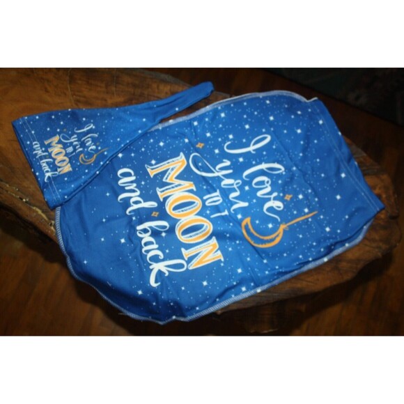Baby Swaddle Blanket With Matching Beanie "I Love You To The Moon" Newborn Blue - Picture 4 of 4